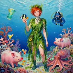 tall emo female artist holding a tropical fish and a starfish in okinawa, wearing seaweed, coral reef, summer, cocktails scuba, pigs, octopus, acrylic on canvas, surrealist, by magritte and monet