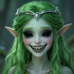 A portrait of an eerie fairie queen | Smiling with sharp shark-like teeth | Pitch black eyes | Green plant-like hair | Silver circlet on brow | Trending on artstation
