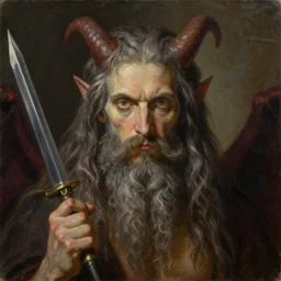 a beautiful masterpiece painting of Satan with extremely long facial hair