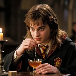 A wizard drinks a shrinking potion and is reduced to a tiny size, film still from Harry Potter