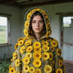 a woman wearing a hooded cloak made of zinnias and barbed wire, in a derelict house, by Martin Schoeller, natural light, detailed face, CANON Eos C300, ƒ1.8, 35mm, 8K, medium-format print