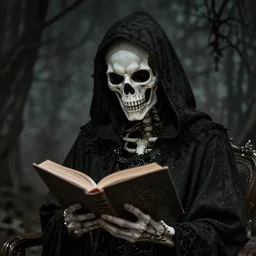 Hooded figure with skeleton face reading a book, gothic