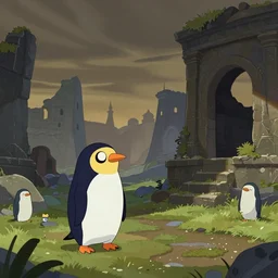 BMO playing with a penguin an the old city ruins, in the style of Adventure Time, Cartoon, by Pendleton Ward, Artstation
