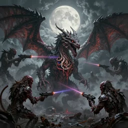 concept art of dragon attack, lovecraftian, lots of teeth, melting horror, feathers, round moon, rich clouds, fighting the horrors of the unknown with laser guns, high resolution, detailed