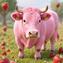Ultra realistic pink cow in 8K, strawberries everywhere.