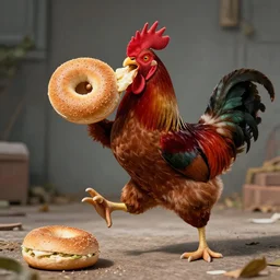 telekinetic rooster fighting crime while eating a bagel