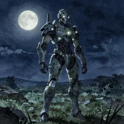 warframe!! standing in a field at night, night time, moonlight, dark blue sky, finely illustrated, highly detailed, octane render, glowing bio lights, glowing eyes, good value control, good edge control, anime, animation, watercolor texture, 8 k, segmented armor, segmented organic armor, moody lighting