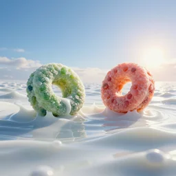 side view of a couple oversized huge fruit loops that float in white vitamin d milk ocean. an ocean of gentle rolling waves made of white milk. blue sky morning sun on horizon. digital art, cgsociety award winner, ue 5, 4 k, dramatic lighting, subsurface scatter, hdr, dues ex.