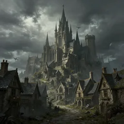 extreme long shot concept art depicted old english majestic town, dramatic mood, overcast mood, dark fantasy environment, art by legends of runeterra and league of legends and arcane, art by tony sart, trending on artstation, unreal engine