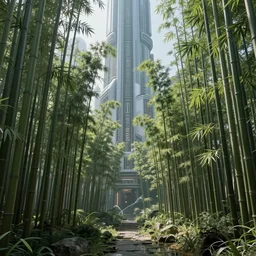 bamboo garden in the middle of a  futuristic megacity, sci-fi, matte painting, concept art, style by dylan cole