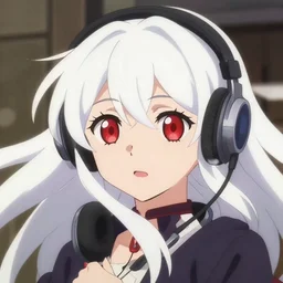 anime film still portrait of a japanese young woman, large, red eyes, white hair!!!!!, long, wearing headphones, detailed facial features, dynamic pose, cute face by yoh yoshinari and ilya kuvshinov, makoto shinkai, rimlight, anime cel shaded, 4 k
