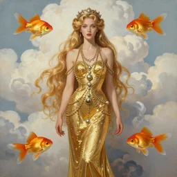 a beautiful goldfish woman, pinup pose, long hair, tall and thin, wearing dozens of pendants and a gown of gold, small delicate crown of the sea on her head, illustration, symmetry accurate features, volumetric light clouds, ultra realist soft painting, (art nouveau), octane render, 8k, HD, by Tom Bagshaw, Brom, Charlie Bowater, faces by otto schmidt