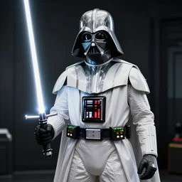 White Darth Vader suit, black room, soft light, white lightsaber, movie accurate, 4k,