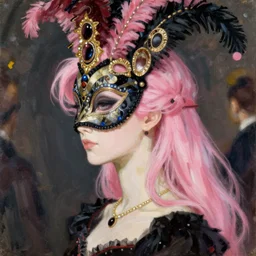 anime vogue masquerade, intricate oil painting by john singer sargent, trending on artstation, side profile, pink hair