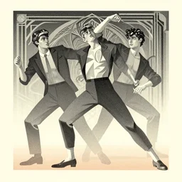 ( ( strong dither ) ), editorial illustration full body portrait of reol, dynamic pose, modern art deco, mads berg, christopher balaskas, dynamic composition, detailed, matte print, halftone, muted color, wide angle, lomography, risograph gradient, volumetric