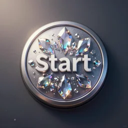 start button, exotic shape with adding chromatic crystals, fine details, ui, gui visualisation