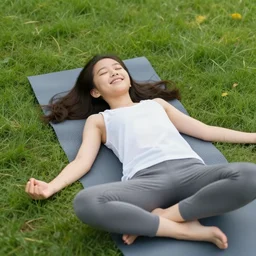 ai girl laying on the grass happily meditating