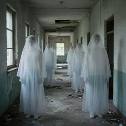 of the abandoned hallways of pilgrim state psychiatric center with ethereal mysterious phantom translucent figures of its long dead patients