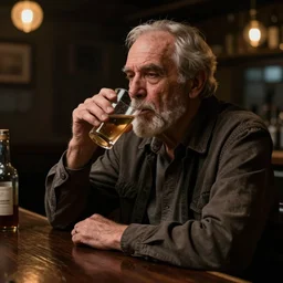 a very old man suffering while drinking alone in a dark bar, hyperrrealistic, 8 k, trending on artstation