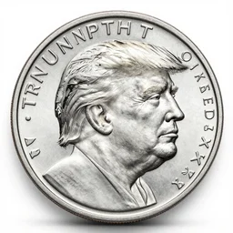 Donald Trumps profile on a silver coin, photorealistic