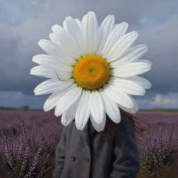 portrait, enormous daisy flower head, girl wearing a coat in heather field, surreal photography, wind and cold, dramatic sky, impressionist painting, digital painting, artstation, simon stalenhag