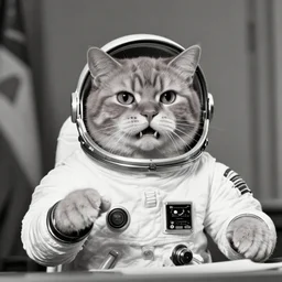 1 9 8 0's bw photo of angry ginger cat in spacesuit giving public speech