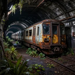 an abandoned rusted train, alone, in an empty dark flooded!!!!!!!!!! london underground tunnel, overgrown with aquatic plants