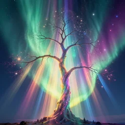 talent tree, aurora in the sky, beautiful, vibrant color scheme, multicolored, visual contrast, light rays, ethereal beams, godly, awe inspiring, cosmic, astronomical, transcendent, fantasy, magical, volumetric lighting, epic composition, dramatic lighting, golden ratio, cinematic composition, 8 k, octane render, artstation