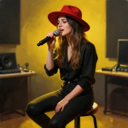 a girl wearing a red fedora hat singing in a studio, sitting on a stool, extremely detailed digital painting, in the style of alyssa monks, predominant colors are black and yellow, rim light, beautiful lighting, 8 k, raytracing, octane, trending on artstation