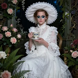 full body fashion model emma watson by Hasui Kawase by Richard Schmid smokey eyes makeup eye shadow fantasy, glow, shimmer as victorian woman in a long white frilly lace dress and a large white hat having tea in a sunroom filled with flowers, roses and lush fern flowers ,intricate, night, highly detailed, dramatic lighting , high quality