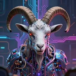 detailed digital art, multicolored futuristic biomechanical circutry background merged with a cybernetic evil goat head in center focus