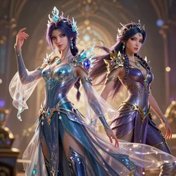 Cinematic stills from the Netflix original series Arcane and Dragon Prince crossover, full-body, bloom, dynamic poses, diaphanous cloth, intricate crystalline and feather jewelry, ornate, filigree, arcane, cinematic lighting, by WLOP!!, by Fenghua Zhong!!!!!!!!!!, Maxfield Parrish!!!!, portfolio illustration, highly detailed, trending on Artstation, CGsociety, HQ, 8k, 35mm lens, f2.8, Bokeh,