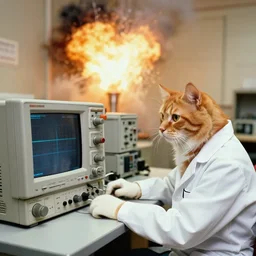 1 9 8 0's color photo of ginger cat in lab coat working with analog oscilloscope, explosion in background