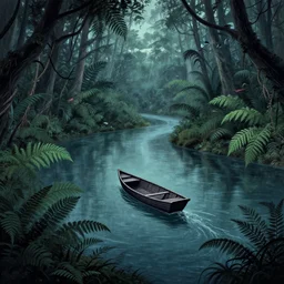 lonely boat floating on a river in the jungle, ferns, birds. digital drawing by tomm moore, wes anderson, amelie poulain, tim burton, guido crepax. ultra detailed, cool color palette.