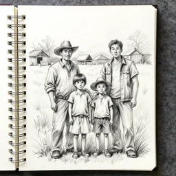 Sketch on a notepad, family portrait at a farm, black and white, pencil sketch, 8k