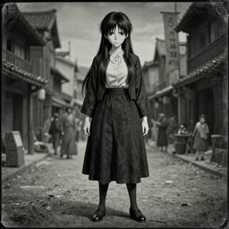 a full body daguerrotype anime portrait of a 1 9 4 0's woman's hair woman butcher, finely detailed features, closeup at the faces, perfect art, at an ancient city, gapmoe yandere grimdark, trending on pixiv fanbox, painted by greg rutkowski makoto shinkai takashi takeuchi studio ghibli, akihiko yoshida,