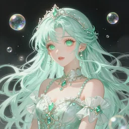 portrait of magical girl, dreamy and ethereal, mint green eyes, peaceful expression, ornate frilly dress, fantasy, intricate, elegant, rainbow bubbles, highly detailed, digital painting, artstation, concept art, smooth, sharp focus, illustration, art by artgerm and greg rutkowski and alphonse mucha