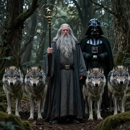 Saul Goodman, Gandalf, Darth Vader, surrounded by wolfs in a forest, gothic, surrealistic