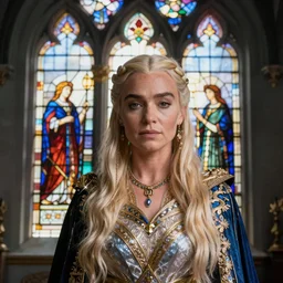 double exposure of a sigma 8 5 mm f / 1. 4 photo of daenerys targaryen blending into a beautiful stained glass window in the style of true detective trending on artstation