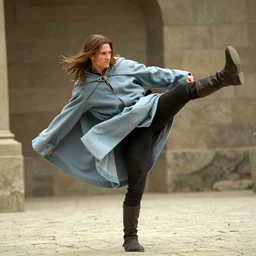 a man with long brown hair with a light blue cloak, medieval clothes, kicking in the air, 1 9 9 1, movie still