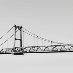 small steel suspension bridge built in 1 9 2 8, side view, puffy clouds in background, woodcut style, 8 k