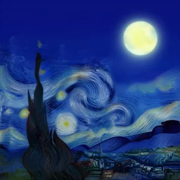 a cityscape with a glowing moon in the night sky, inspired by vincent van gogh's starry night and claude monet's paintings of rouen cathedral at different times of the day