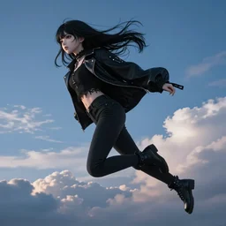 1 7 - year - old pale - skinned anime girl with black long bob cut, long bangs, black gothic jacket, black jeans, flying through sky, jumping through clouds, late evening, blue hour, cirrus clouds, pearly sky, ultra - realistic, sharp details, subsurface scattering, blue sunshine, intricate details, hd anime, 2 0 1 9 anime