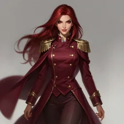 a highly detailed illustration of beautiful long dark red haired woman wearing wine red epaulette uniform and coat cape, dramatic smiling pose, intricate, elegant, highly detailed, centered, digital painting, artstation, concept art, smooth, sharp focus, league of legends concept art, wlop