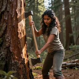 A young Indian woman lumberjack chopping a giant Sequoia tree using an axe