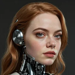 a magical robot head of emma stone, mechanical, artificial, highly detailed, digital painting, smooth, sharp, beautiful face, expressive eyes, art by alex gray