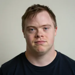 portrait of down syndrome kevin gates sharp focus, shallow depth of field, 4 k editorial photograph, soft lighting, blank background