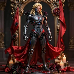 full-body cyberpunk style sculpture of a young handsome dark god of battle, half android with a head opening exposing circuitry, glowing red eyes, black roses,  flowing blood-red colored silk, fabric, candles. baroque elements, genetically augmented cyborg male. full-length view. baroque element. intricate artwork by caravaggio. Trending on artstation, octane render, cinematic lighting from the right, very very very very long curly blond hair, hyper realism, octane render, 8k, depth of field, 3D