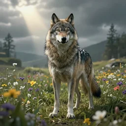 A high fantasy wolf girl standing in the middle of the field of flowers, by Peter Mohrbacher and Craig Mullins, epic, cinematic full shot official media, beautiful, detailed, high quality, wallpaper 4K, epic, trending on artstation and behance, dynamic lightning