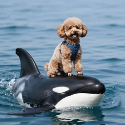 mini poodle riding an orca